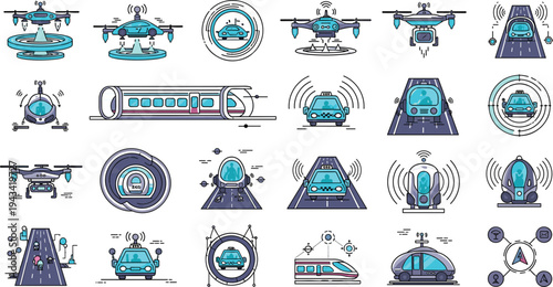 Future autonomous transportation technology flat vector icon set featuring drones smart cars hyperloop train flying vehicles and innovative mobility systems isolated design.