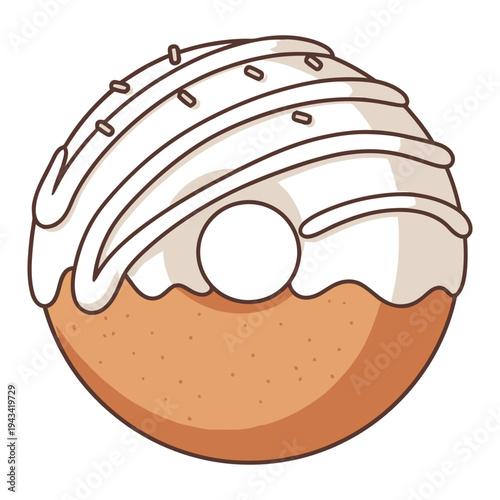 Delicious cartoon donut with white icing and sprinkles, isolated on white background.