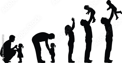 Set of father and daughter silhouettes showing a parent playing and lifting a small child isolated on white background vector