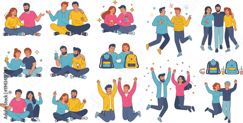 Happy friendship moments flat vector illustration set with young people celebrating laughing jumping sitting together and enjoying fun lifestyle scenes isolated design.