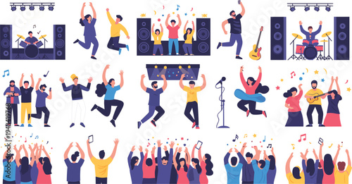 Music concert crowd celebration flat vector illustration set with dancing fans band performance stage lights instruments and festival audience scenes isolated design.