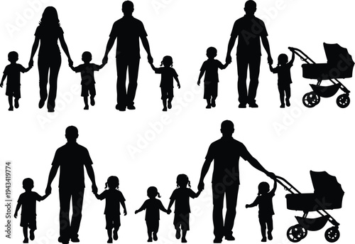 Diverse set of family silhouettes featuring parents walking with children and pushing baby strollers isolated on white background for lifestyle design