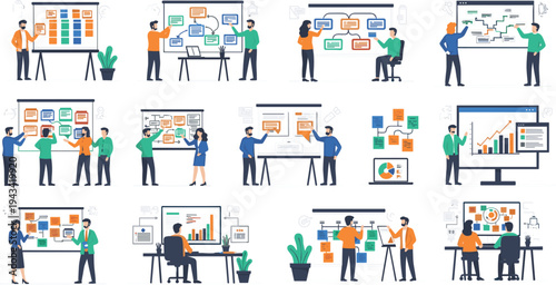 Business strategy planning and project management flat vector illustration set with team brainstorming workflow charts analytics presentation and office collaboration scenes isolated design.