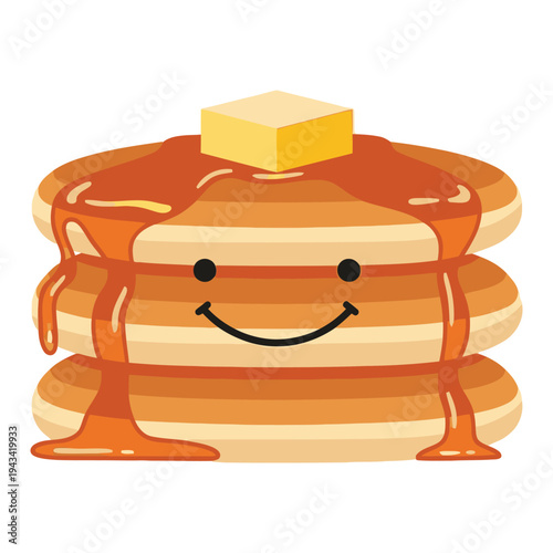 Happy stack of pancakes with butter and syrup, cute cartoon character, breakfast.
