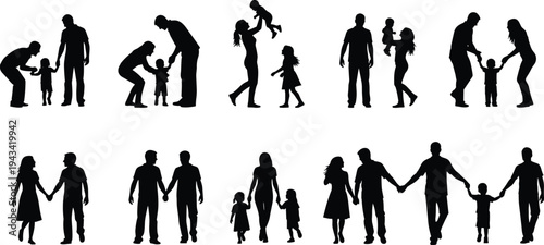 Collection of family silhouettes including parents holding hands with children, mother playing with baby, and couples walking together in black isolated vector icons