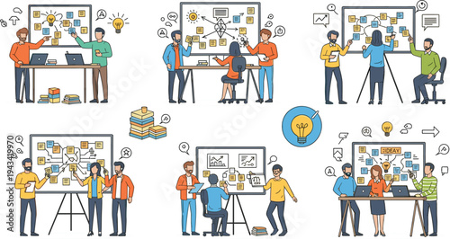 Business team brainstorming and project planning flat vector illustration set with office collaboration, startup idea discussion, strategy meeting scenes isolated design.