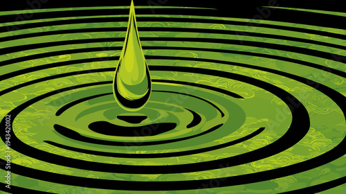 A water droplet falls into a pond, creating ripples. Abstract graphic. Green and black