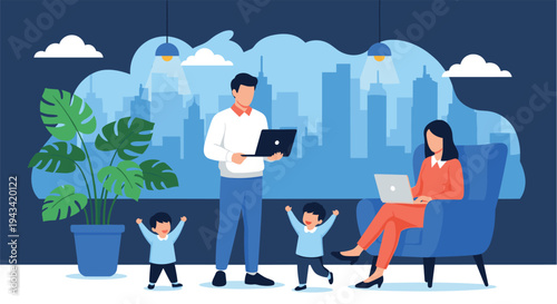 Busy parents working from home on laptops while active children play in a modern living room with a city view.