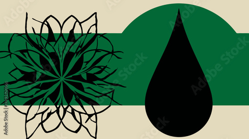 A modern abstract composition with floral, geometric, and droplet-like shapes, utilizing green and beige