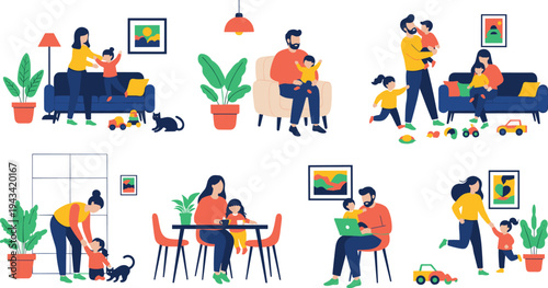 Large collection of happy family scenes featuring parents and children playing, eating, working, and bonding in a modern home environment.