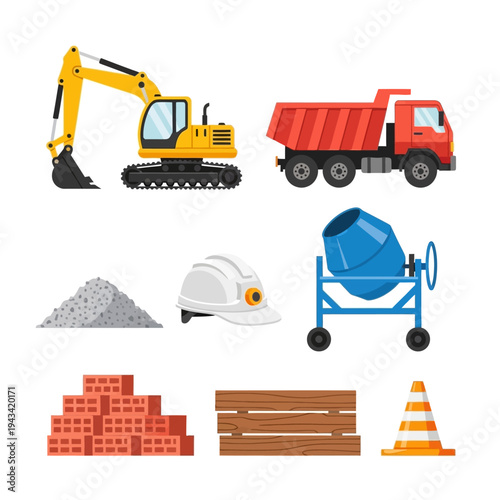 Construction site equipment and materials, heavy machinery, safety gear, and building supplies.