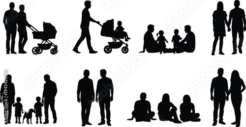 Set of family silhouettes featuring parents with baby strollers, couples walking, kids playing with pets, and people sitting outdoors together.