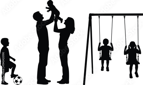 Black silhouette of a happy family with parents lifting baby, son playing soccer, and children on swings at the public park