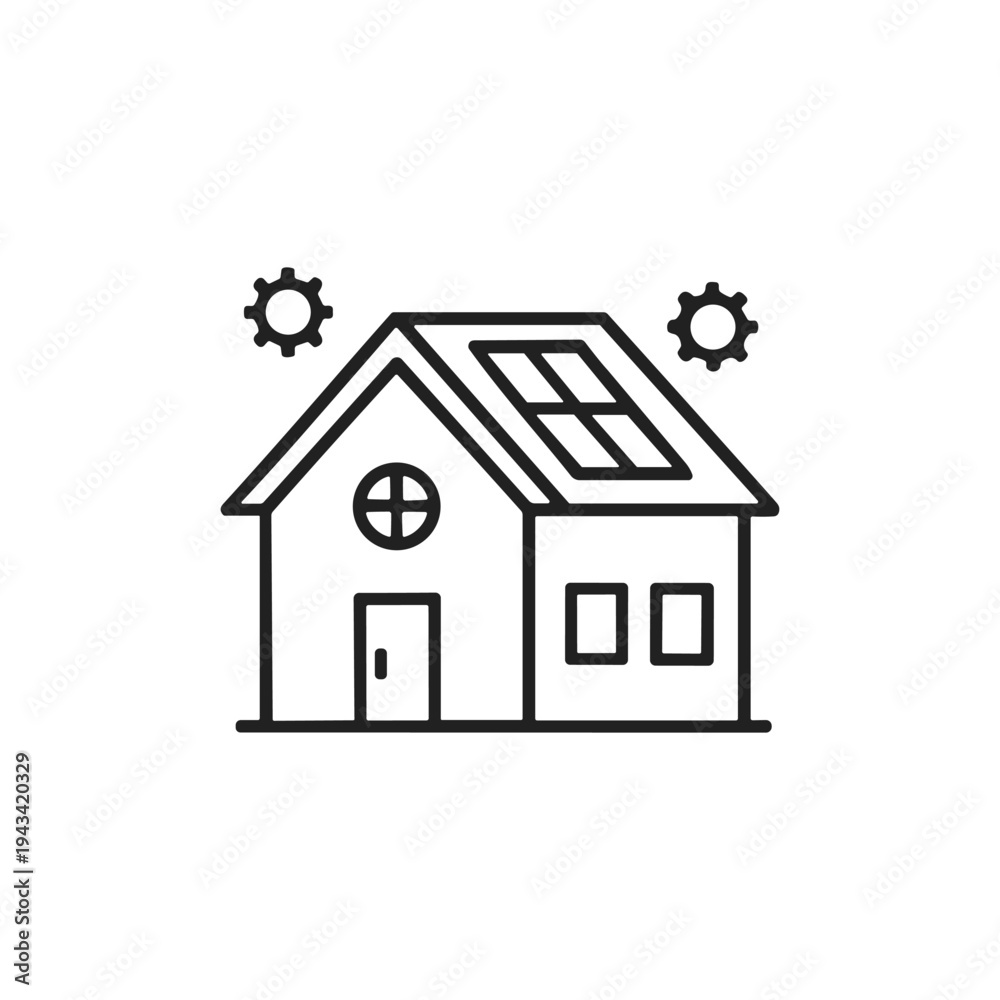 Fototapeta premium Solar Powered Smart Home Outline Icon with Roof Panels and Gear Settings Symbol