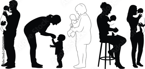 Black and white silhouettes of parents caring for babies including carrying newborns, feeding toddlers, and holding infants while sitting down