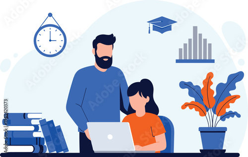 Father helping daughter with online education using laptop at home desk with books and icons representing study growth and time