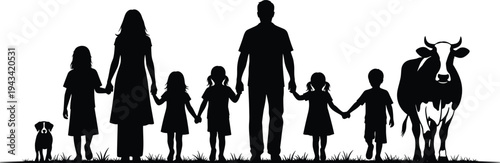 Large happy family with many children holding hands standing together with a dog and cow silhouette isolated on white background illustration