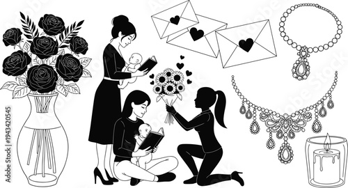 Creative collection of mother and baby silhouettes with roses jewelry love letters and candles for romantic and mothers day designs