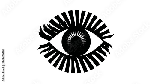 A stark, graphic eye illustration against a white backdrop, composed of geometric shapes