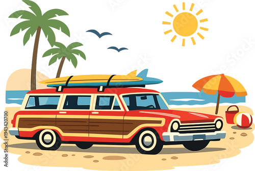 A 1960s retro station wagon, complete with wood paneling, parked on a beach with surfboards on its roof, captures the spirit of a family road trip