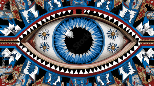 Artistic depiction of an eye. Blue and white iris, with floral motifs on the eyeball