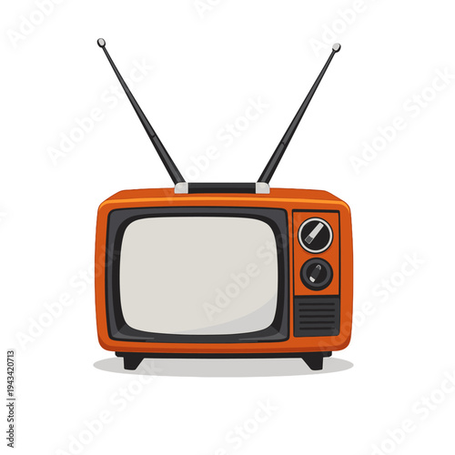 A portable 1960s television with long antennas stands alone on a white background
