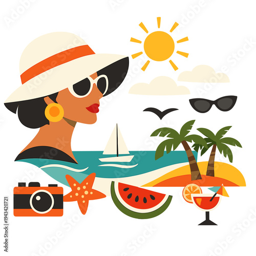 A modern 60s-style abstract collage featuring a woman's portrait and summer vacation motifs, designed as wallpaper