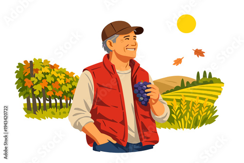 Outdoor portrait of a 55‑60‑year‑old man enjoying a pleasant autumn day in the vineyards, reflecting a healthy and active lifestyle