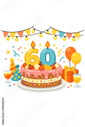 A milestone birthday celebration highlighted by a stunningly decorated cake with 60-shaped candles, set amid festive decorations and cozy lighting