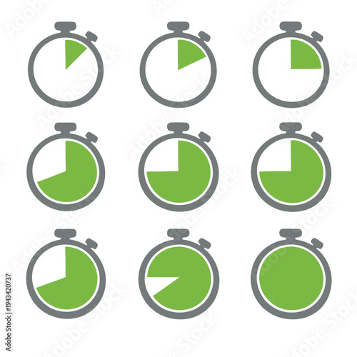 A set of digital countdown timer icons featuring circular second‑clock progress indicators ranging from 5 to 60 seconds, including and 60 seconds, presented as isolated