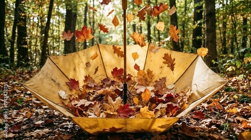  Upside-down yellow umbrella catching falling autumn maple leaves in the forest