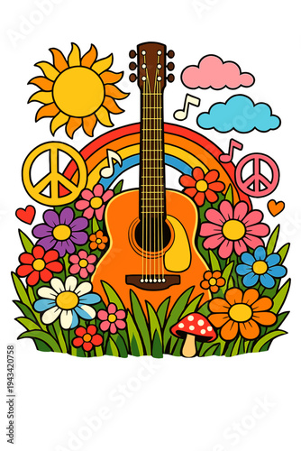 A psychedelic 60s‑70s music poster featuring vibrant flowers and grass surrounding a guitar, with a retro hippie vibe, music festival theme, cartoon illustration, flower power, peace symbols, and