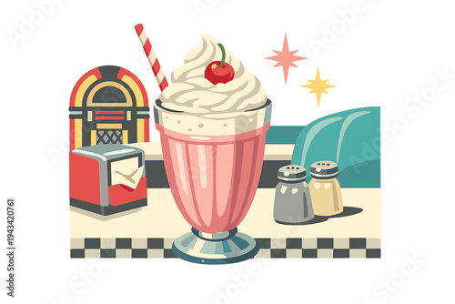 A creamy milkshake topped with whipped cream and a cherry, served in a retro diner