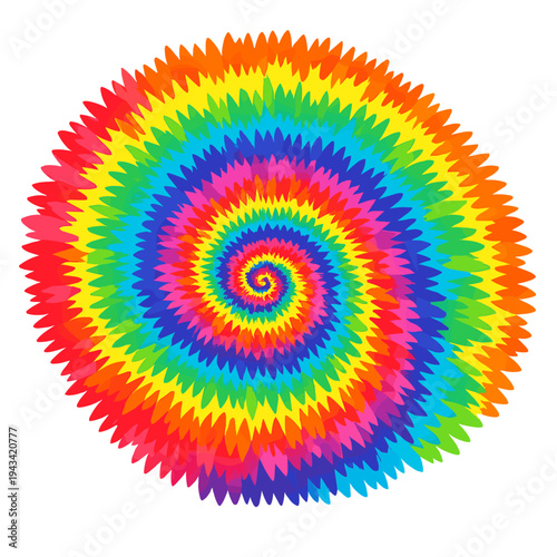 An abstract tie‑dye background featuring a colorful psychedelic spiral, hippie‑style vector, retro 60s‑70s texture, rainbow swirl, bright vibrant backdrop, and boho festival fashion