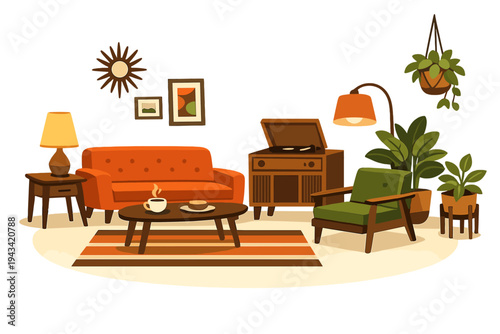 A nostalgic living room featuring antique furnishings, greenery, and cozy illumination