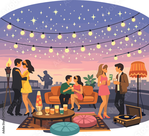 A rooftop gathering in the 1960s style, with a dreamy twilight sky glittering with stars, and gentle lights highlighting vintage furnishings and décor