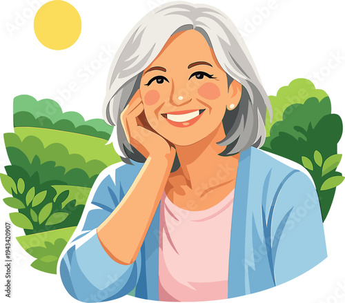 A smiling, charming mature woman aged 55‑60 enjoys a sunny day outdoors, surrounded by green nature, exuding confidence, happiness, and a healthy lifestyle
