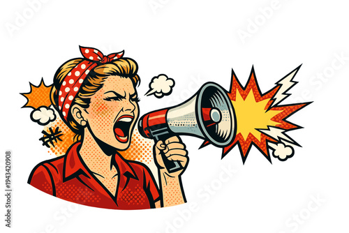 A vector illustration of a frustrated woman shouting with a megaphone, rendered in retro Pop Art halftone style with vintage comic elements