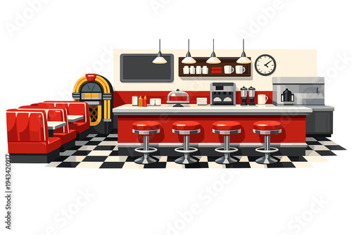 D render of a vintage American diner interior featuring red vinyl seats and a checkerboard floor
