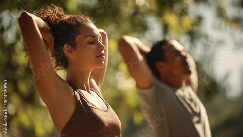 Couple stretching outdoors on a sunny day