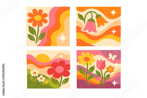 A set of abstract, groovy, floral botanical squares, with a poster featuring a wavy, minimal flower plant in a trendy, naive, retro hippie style from the 60s and 70s
