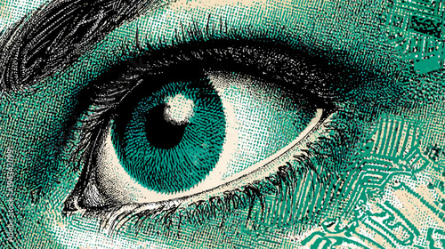 Digitized, close-up view of an eye in shades of green, black and off-white