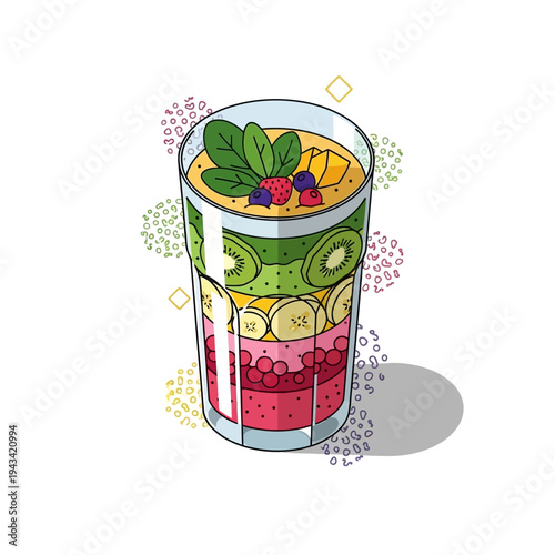A colorful layered fruit smoothie glass.