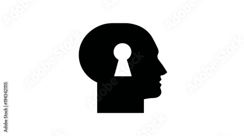 Black silhouette of a human head with a keyhole cut out of the top, set against a white background