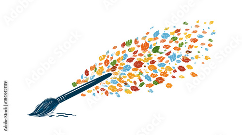 A paintbrush "drawing" a stream of colorful leaves. Whimsical image on white background