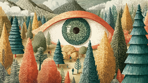 Surreal landscape shows a giant eye overlooking a colorful forest, with distant mountains