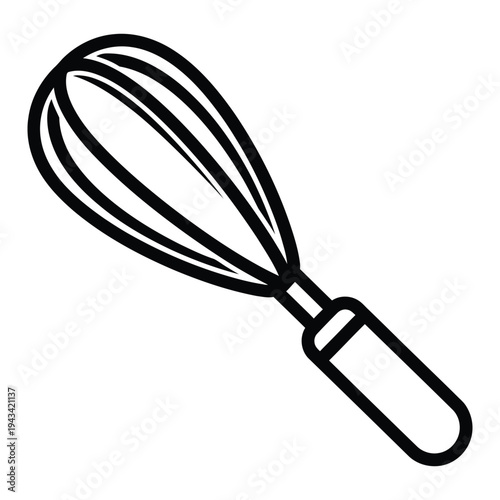 Minimalist line drawing of a kitchen whisk, used for beating eggs or mixing ingredients.