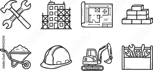 A collection of black and white line drawings depicting various construction tools and equipment on a white background