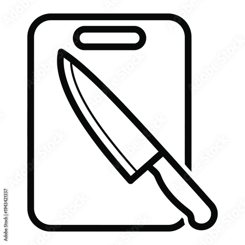 Vector illustration of a chef's knife on a cutting board, signifying food preparation.