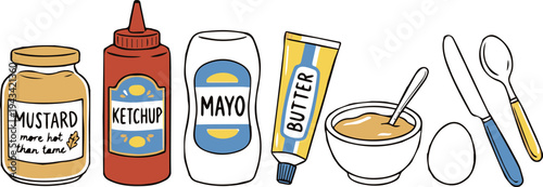 A colorful illustration of condiments and breakfast ingredients including mustard ketchup and butter